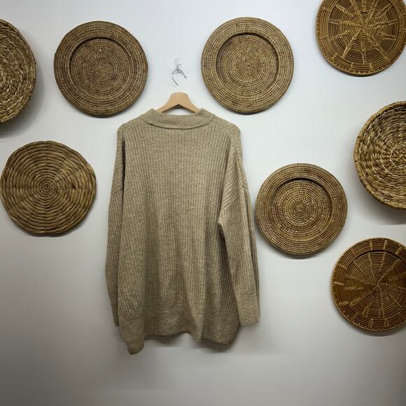 H&M Ribbed Sweater Large Brown Beige Ribbed Oversized Pullover Neutral Winter - Picture 2 of 7